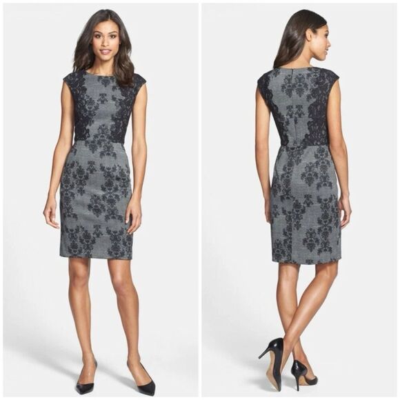 Adrianna Papell Gray Black Lace Sheath Dress Size 10 Cap Sleeve Cocktail Work - Picture 1 of 12
